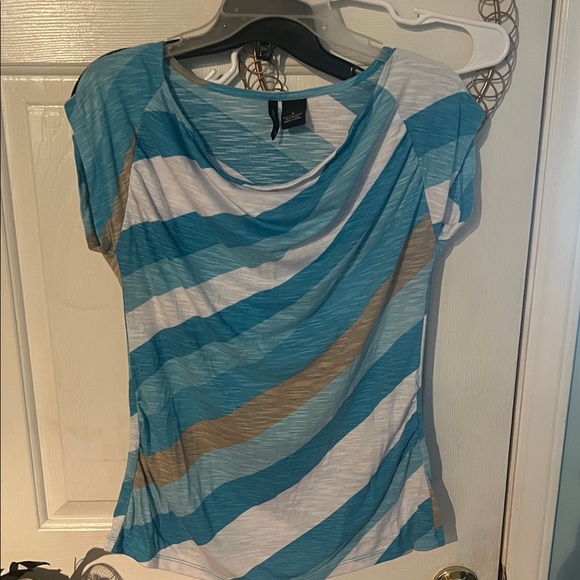 New Directions Blue and Tan Striped Short Sleeve Top - Picture 1 of 4